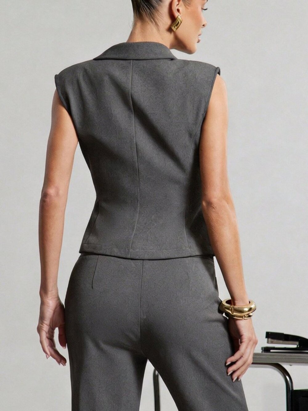 Grey Elegant Women's Sexy Sleeveless Blazer Vest With Gold Metal buckle - Picture 5 of 6